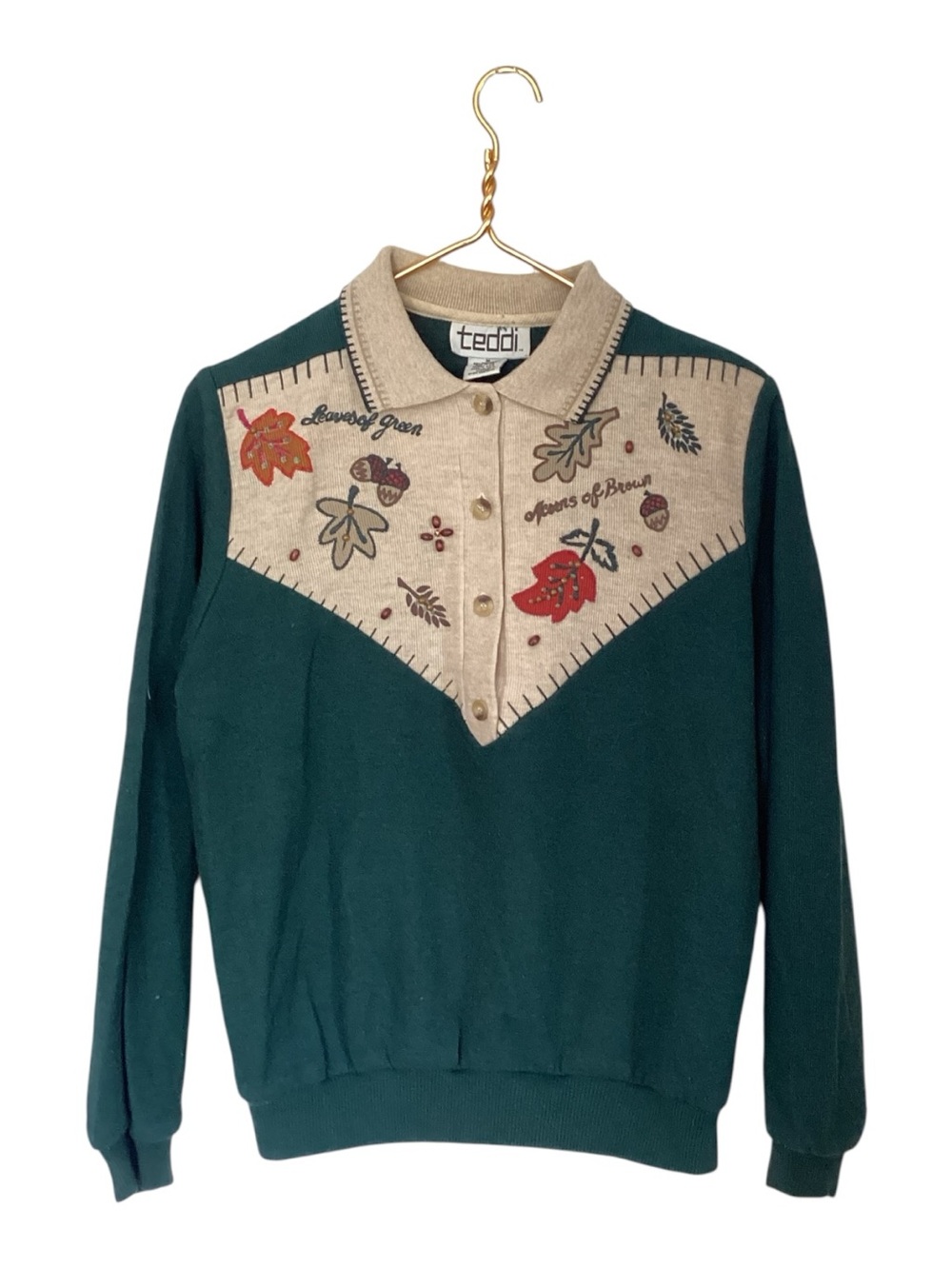 Vintage 90s Teddi Green Fall Leaf Acorn Granny Core Collared Womens Sweater M